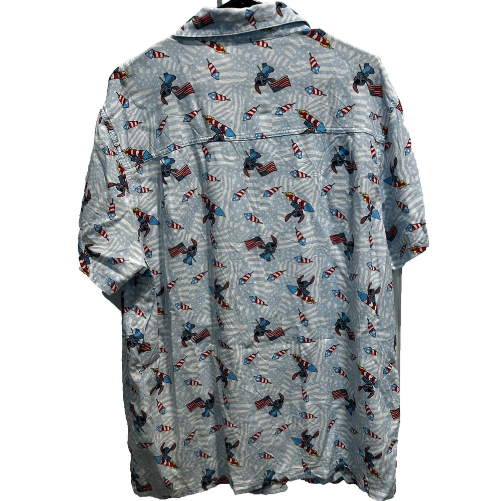 Disney Lilo & Stitch Patriotic Hawaiian Shirt XXL Rayon Blue Flags Fireworks - Picture 3 of 6